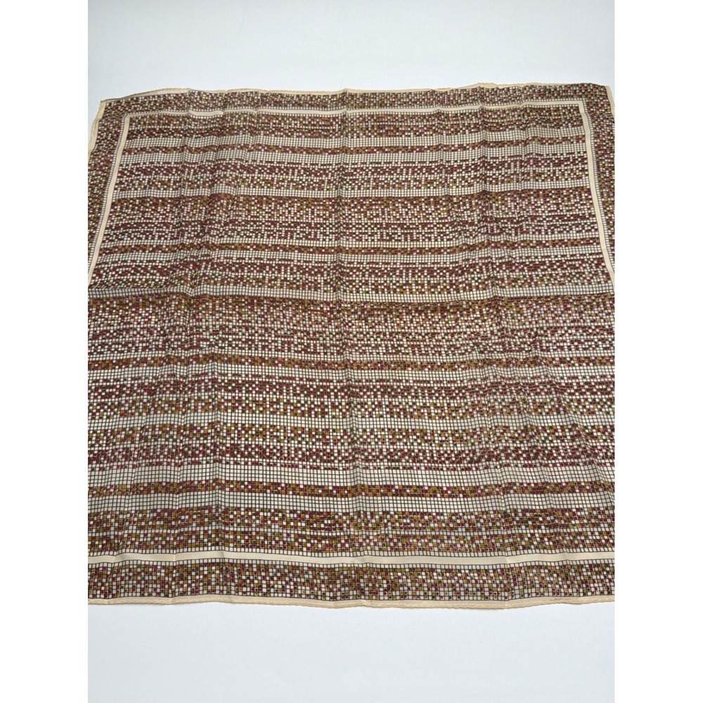 Vintage Square Silk Scarf Geometric Grid Dot‎ Pattern Cream Burgundy 26 Inch